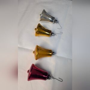Vintage, Collectable Glass Metallic Bell Ornaments in Silver, Gold, and Red